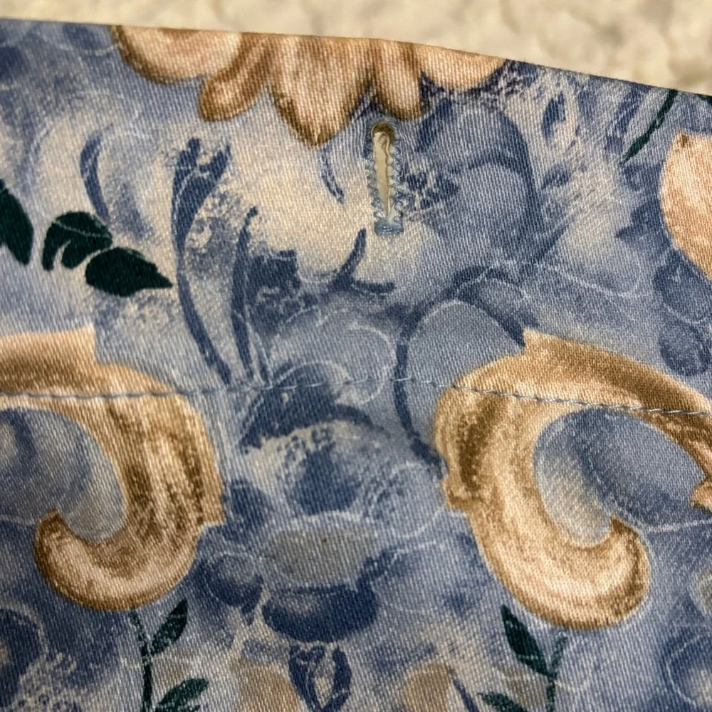 Elegant Blue and Gold Tapestry Fabric Shower Curtain, tie back, fabric rings.